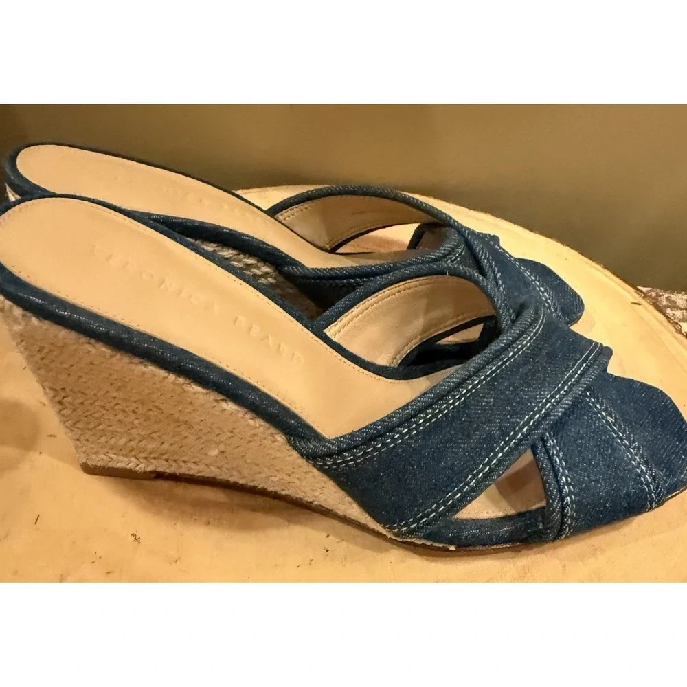 Veronica Beard Edna‎ Denim Wedge Espadrille Open Toe Sandals Size 7.5 New 395$